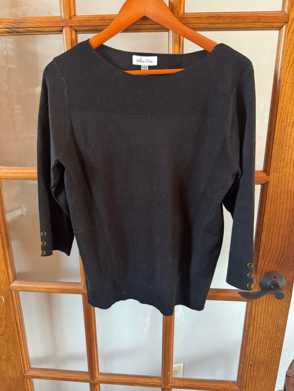 Melissa Paige Black Ribbed Knit 3/4 Sleeve with Button Accent Top XL